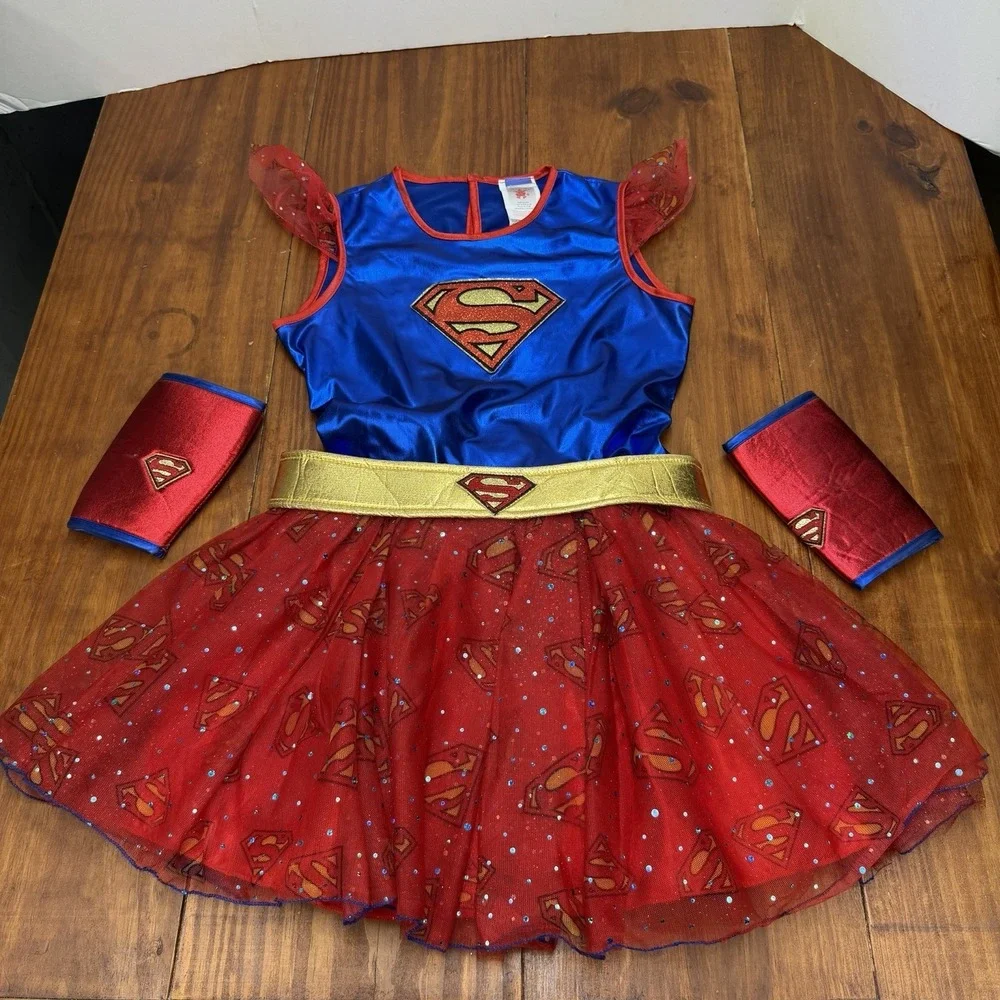 DC Superheroes Supergirl YL Costume Cosplay Dress, Belt, Cape & Armbands